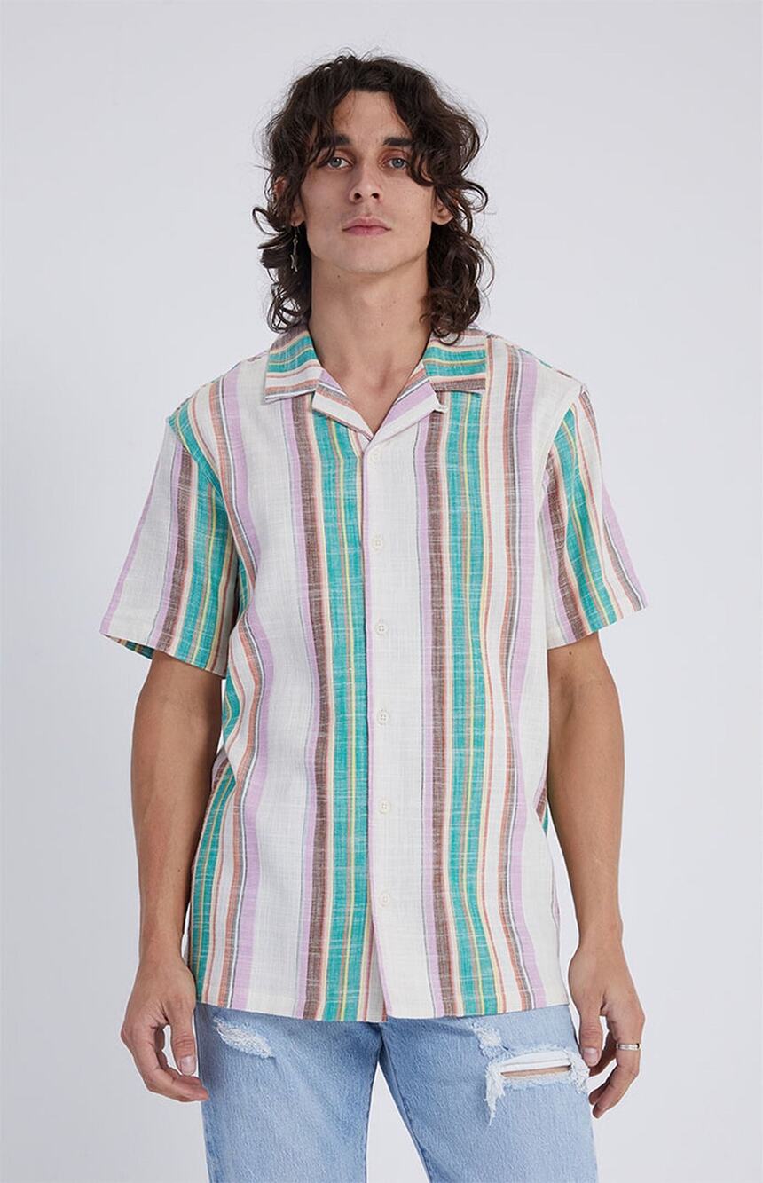 BDG Beige + Green Purple Stripe Collared Cotton Button Up Shirt Large